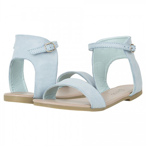 Estatos Frosted Leather Open Toe Ankle Strap Buckle Closure Light Blue Flat Sandals for Women